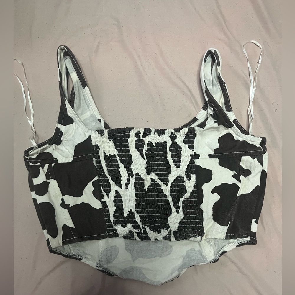 “Lone Star” Size Medium brown cow print crop top. denim like texture